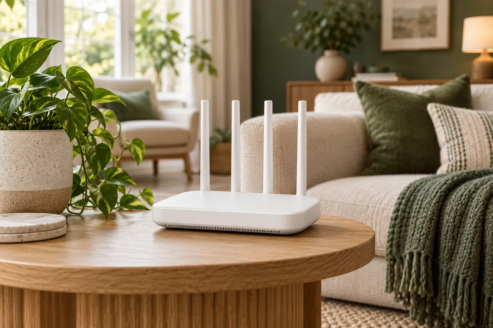 A wireless router in a bright, comfortable living room